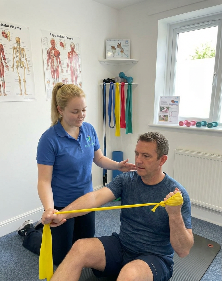 Physiotherapist guiding resistance band exercise at Bluebell clinic